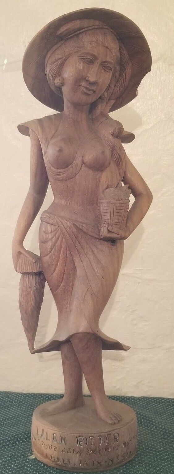 VTG Balinese Woman with Basket Statue Wood Carving Sculpture Bali Art Indonesia 