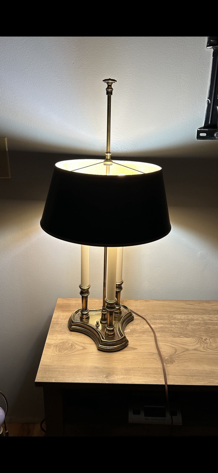 VTG STIFFEL 3 Candle Polished Brass French Bouillotte  Lamp Black & Gold Shade
