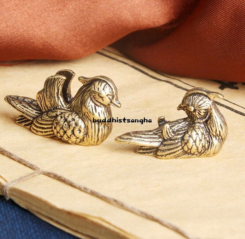 Pair Small Brass Mandarin Ducks Statue Feng Shui Love Figurine Decor