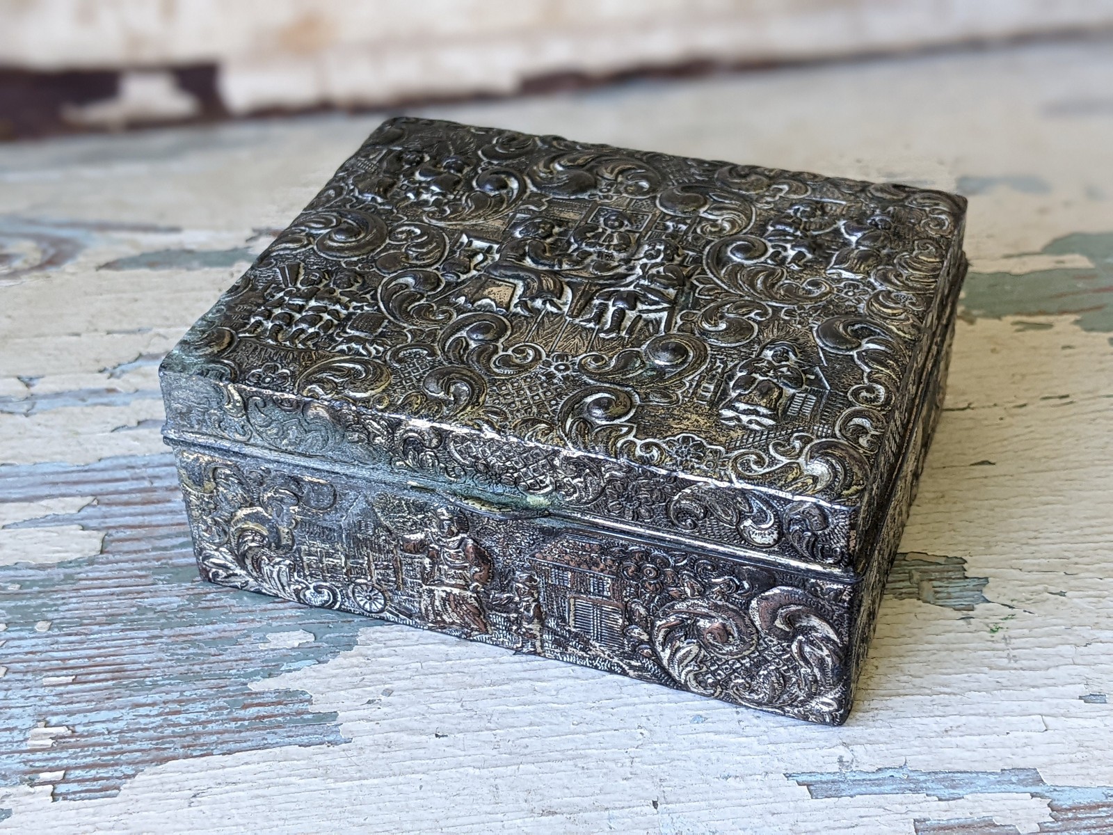 1950s Dutch Colonial Trinket Box, Sculpted Nickel Plated Brass, Cedar Lined