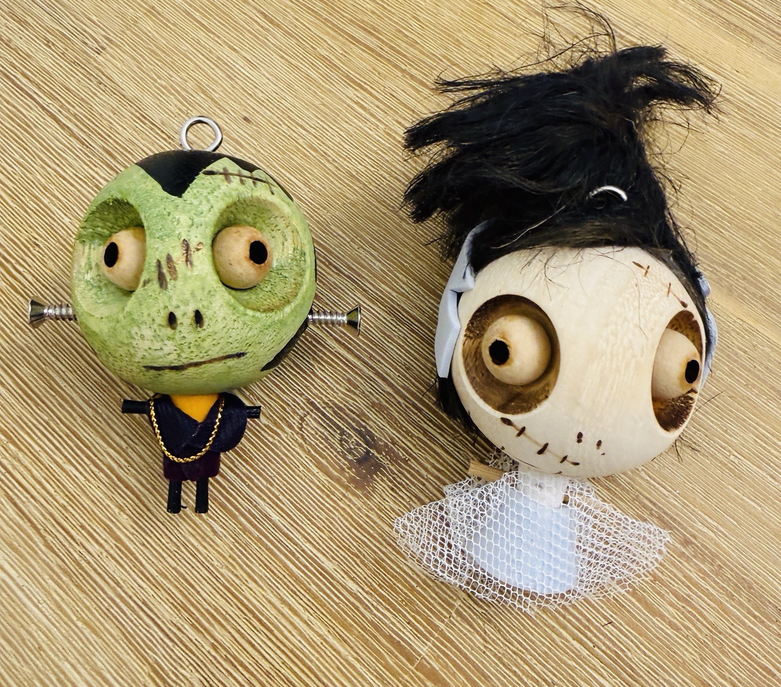 Pier One Imports Halloween Wooden Ornaments Frankenstein & Bride Crazy Heads