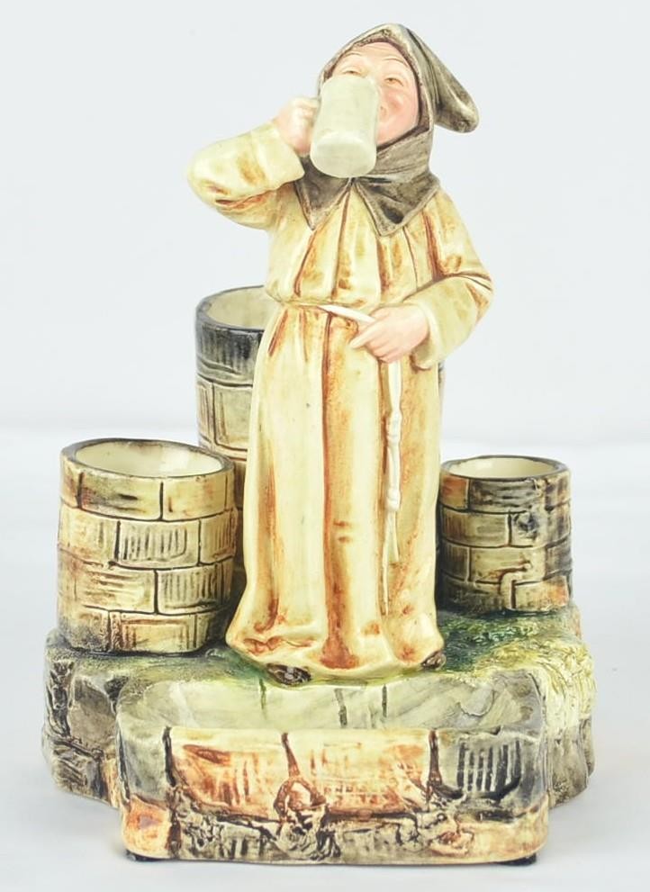 MAJOLICA MONK FRIAR MATCH HOLDER MATCH STRIKER ASHTRAY CIGARETTE HOLDER-7 3/4\