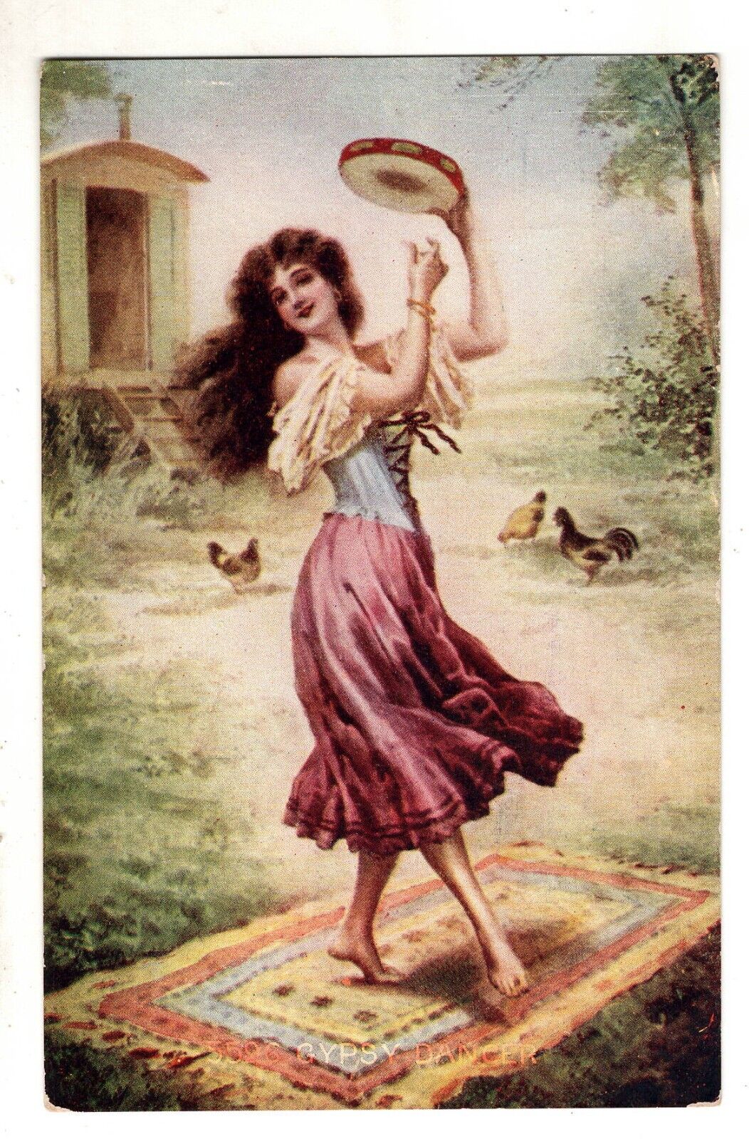 Postcard Dancing Girl with Tambourine Rug Chickens Antique 1907