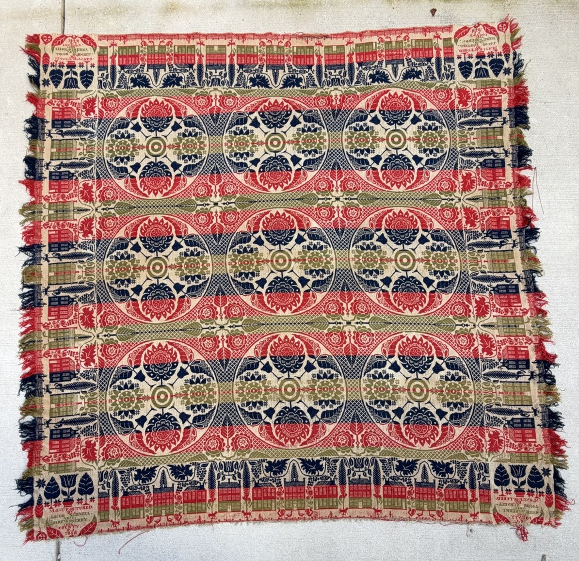 Antique 1850s Jacquard Coverlet Signed Jacob Schnell York County PA Red Blue B17