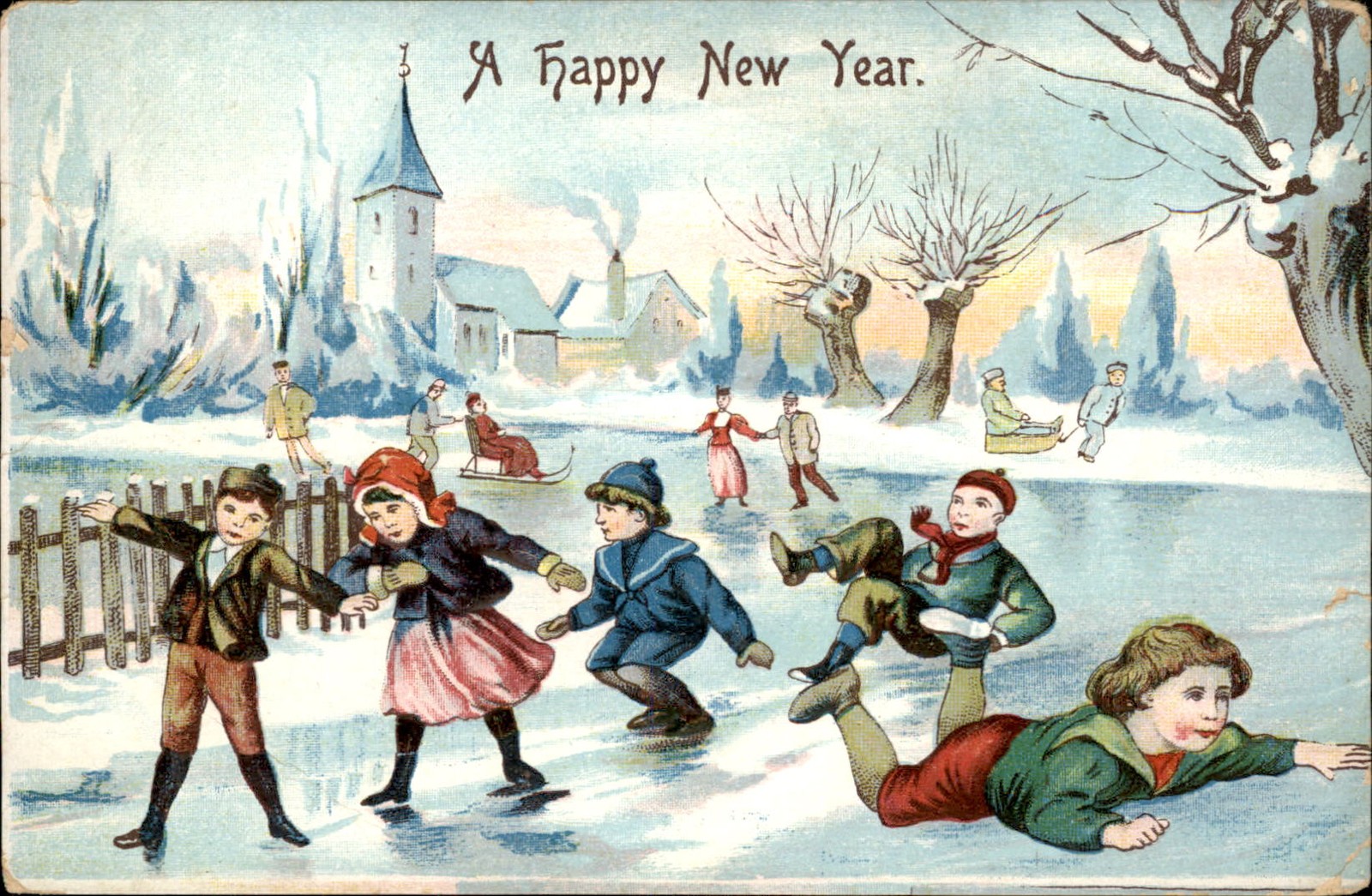 New Year's Children Ice Skating Winter Scene c1900s-10s Vintage Postcard