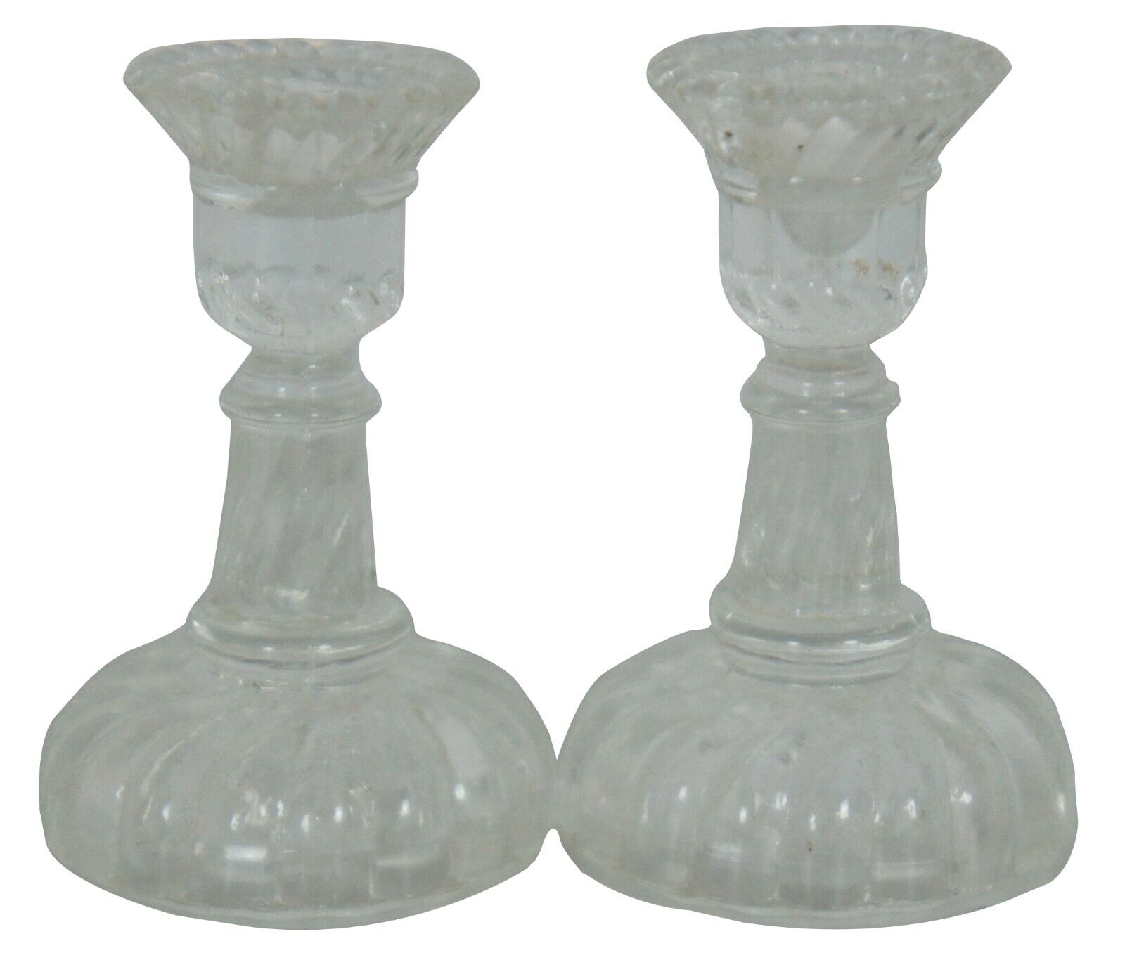 2 Vintage Petite Clear Pressed Glass Candlesticks Candle Holders 2\