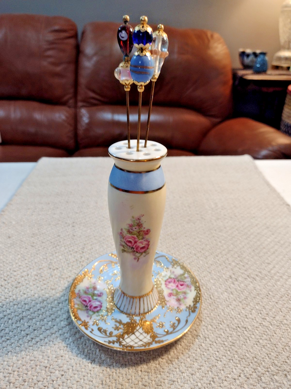 Limoges Porcelain Hat Pin Holder Lots of Gold Embellishments Vtg. & 3 Hat Pins