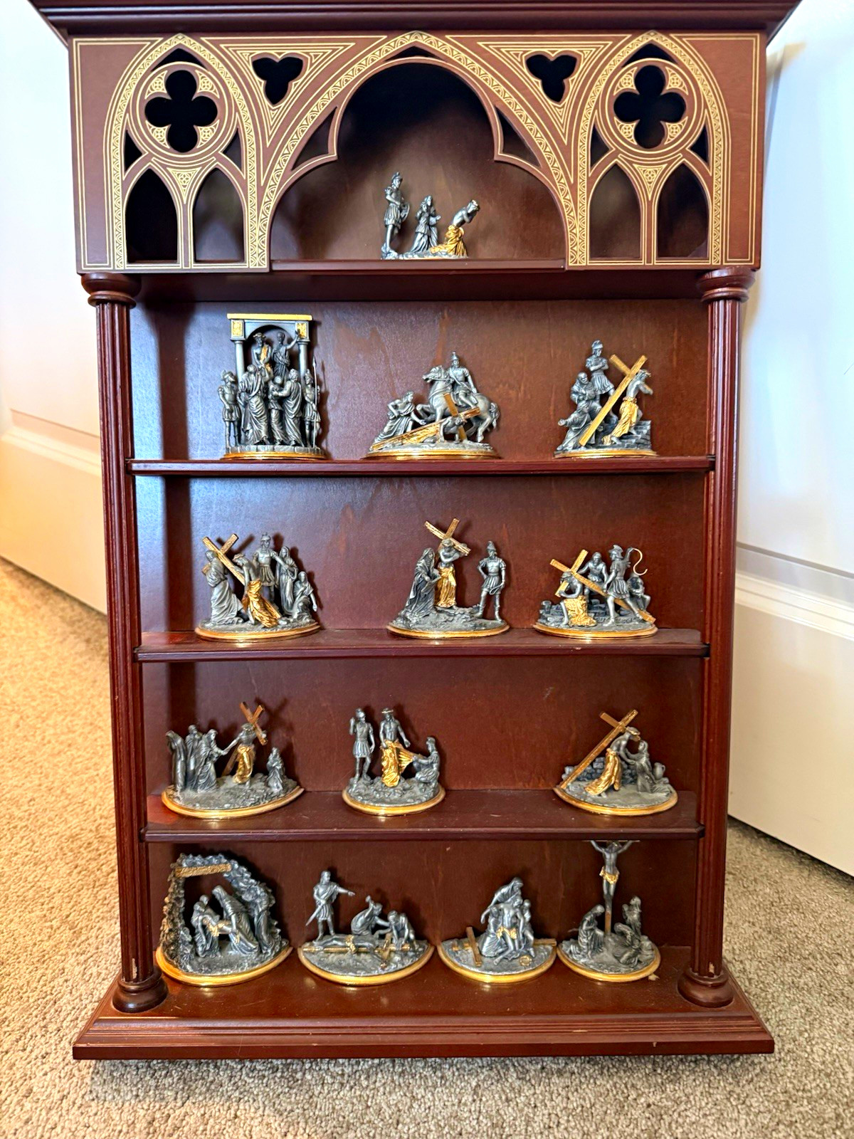 Franklin Mint Stations of the Cross Pewter Sculpture Collection w/ Wood Display