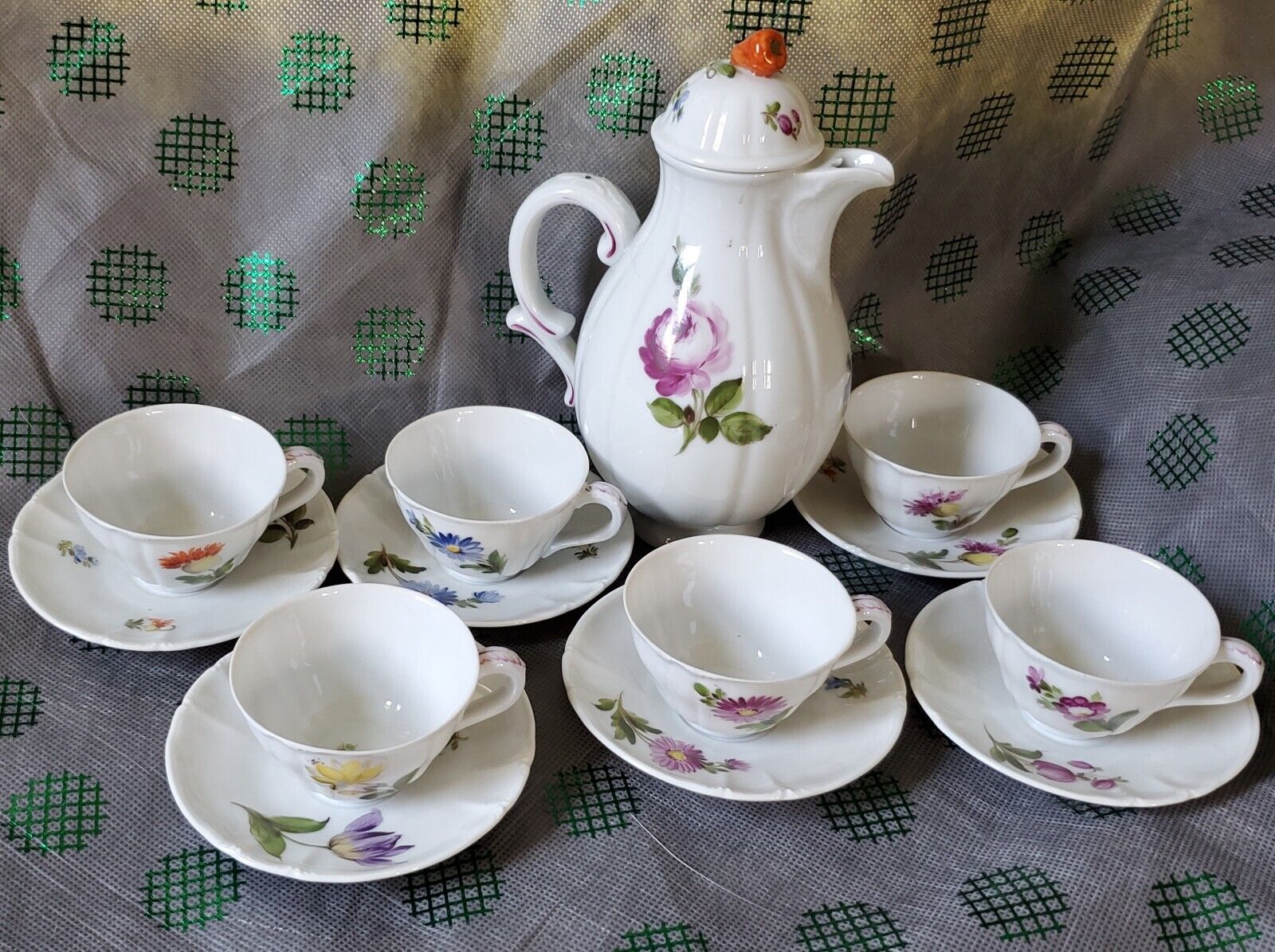 Nymphenburg Demitasse Six Tea Cups and Saucers and Teapot