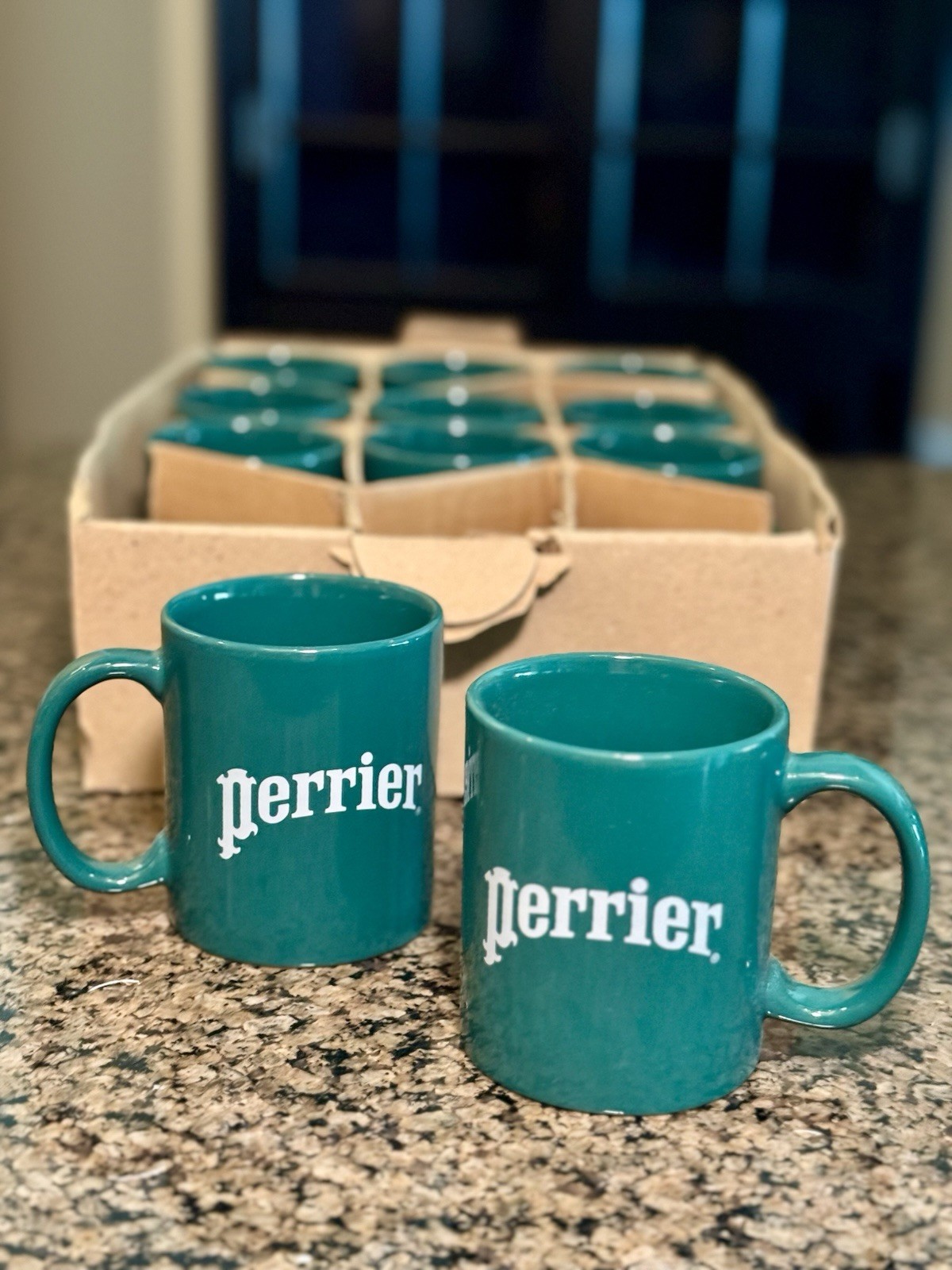 Pair (2) NOS Perrier Coffee Mugs Green White Sparkling Lemon Lime Bubble Water