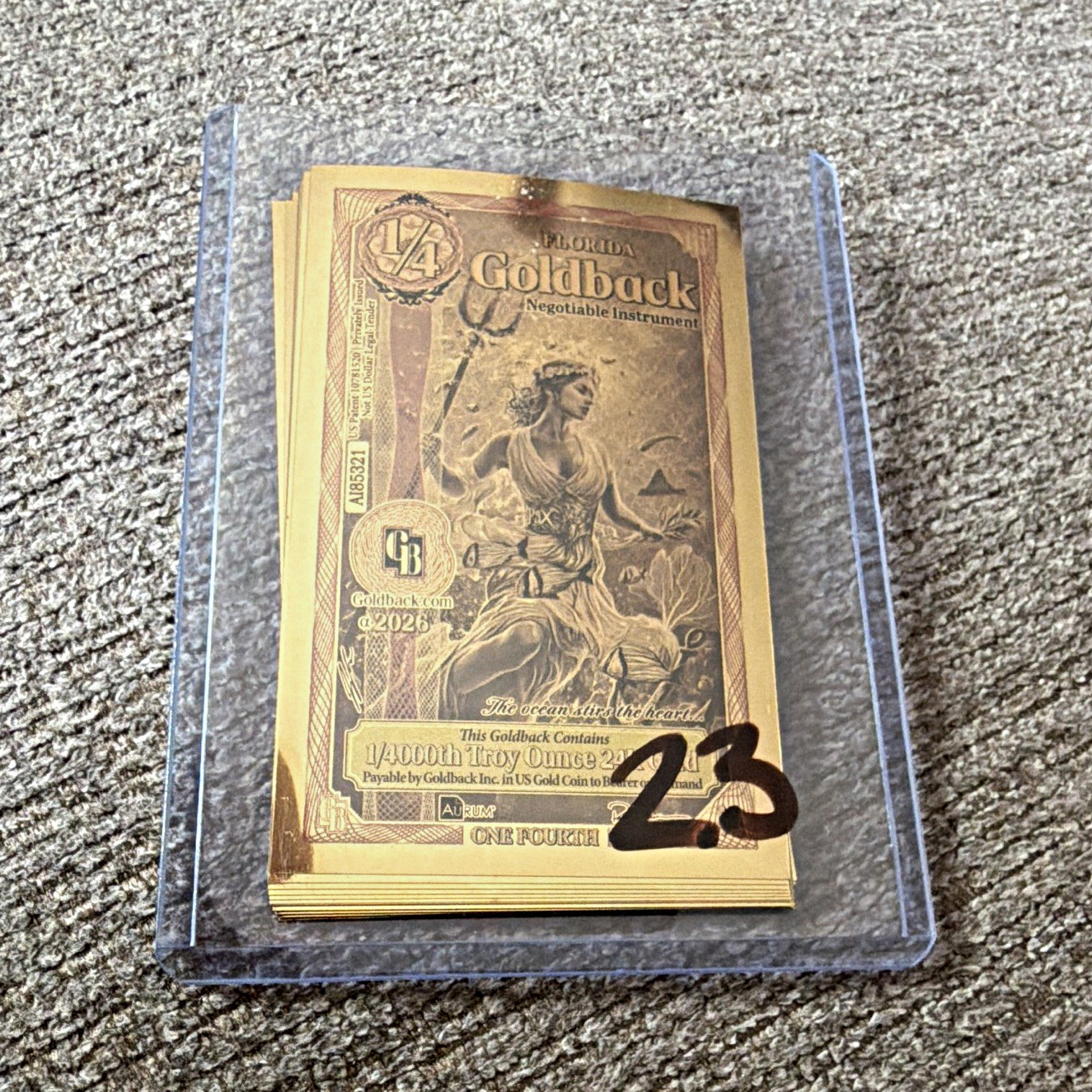 23 x Goldback 2026 Florida Goldback 1/4 Gold Foil Oversized Card A185321