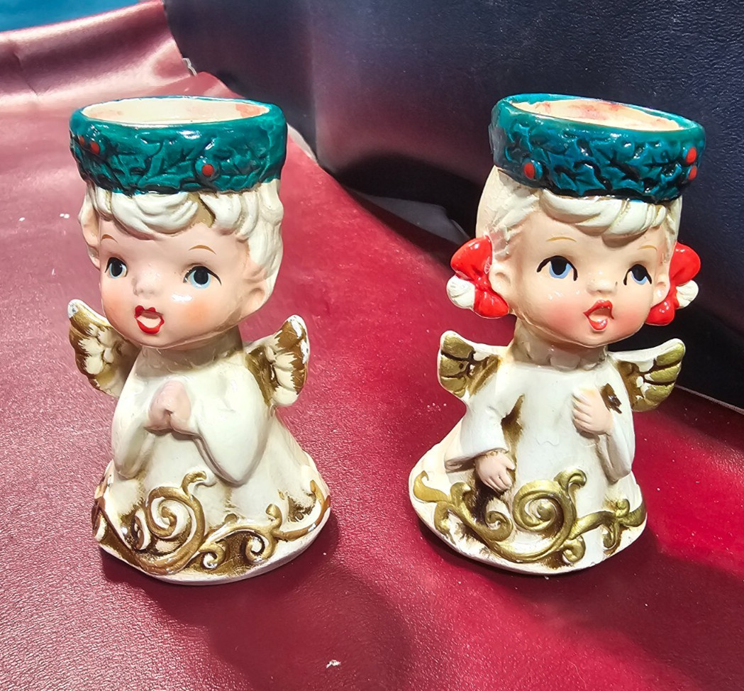 Set of 2 Vintage Lefton Angel Candle Holders – Girl Boy Christmas Decor