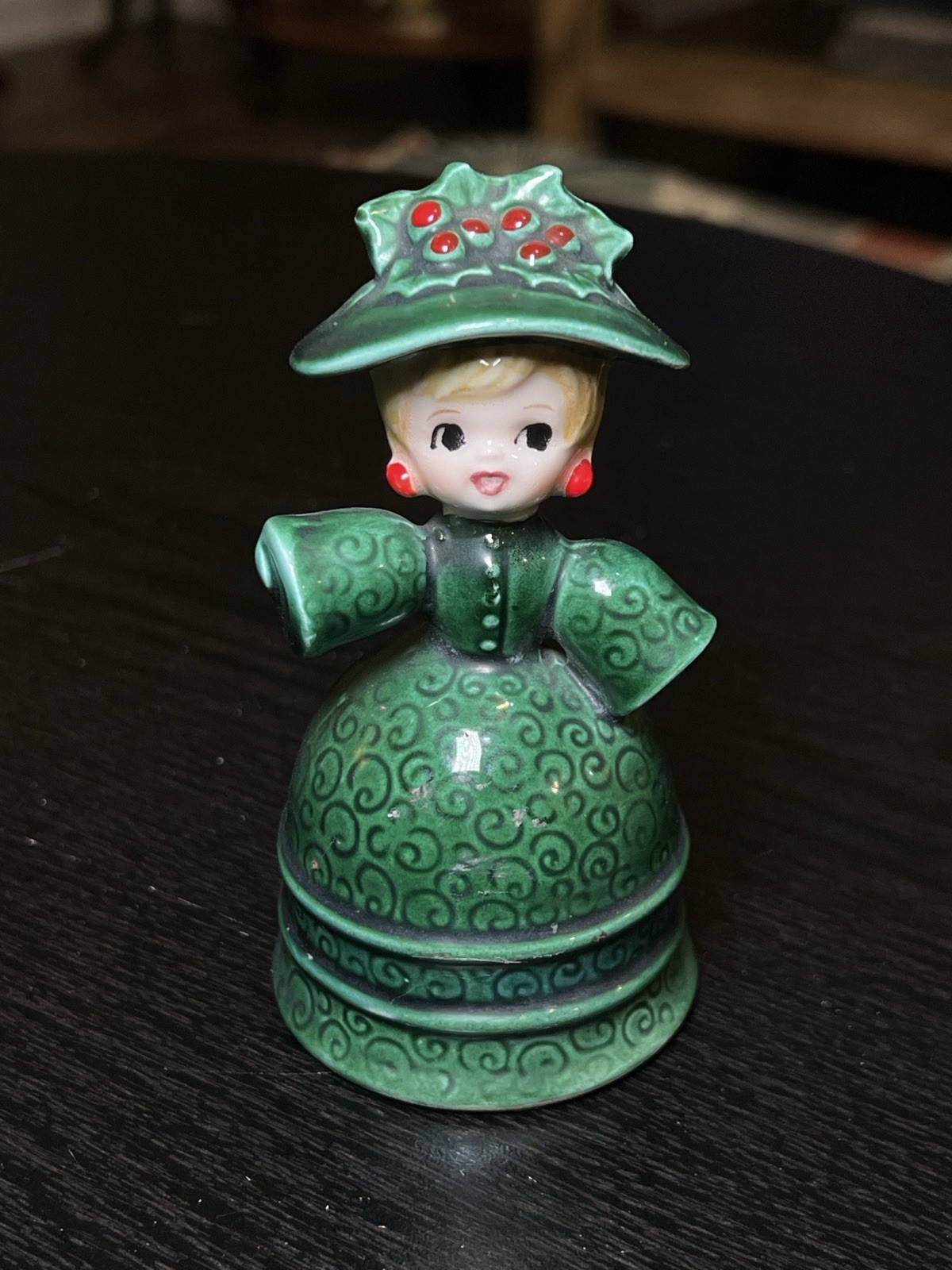 RARE Vintage 50s MCM Lefton Christmas Kitsch Holiday Green Bell Holly Girl Japan