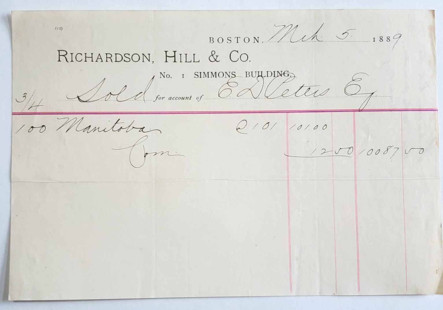 1889 Invoice, Richardson, Hill & Co., No. 1 Simmons Building, Boston, MA 1889 Invoice, Richardson, Hill & Co., No. 1 Simmons Building, Boston, MA