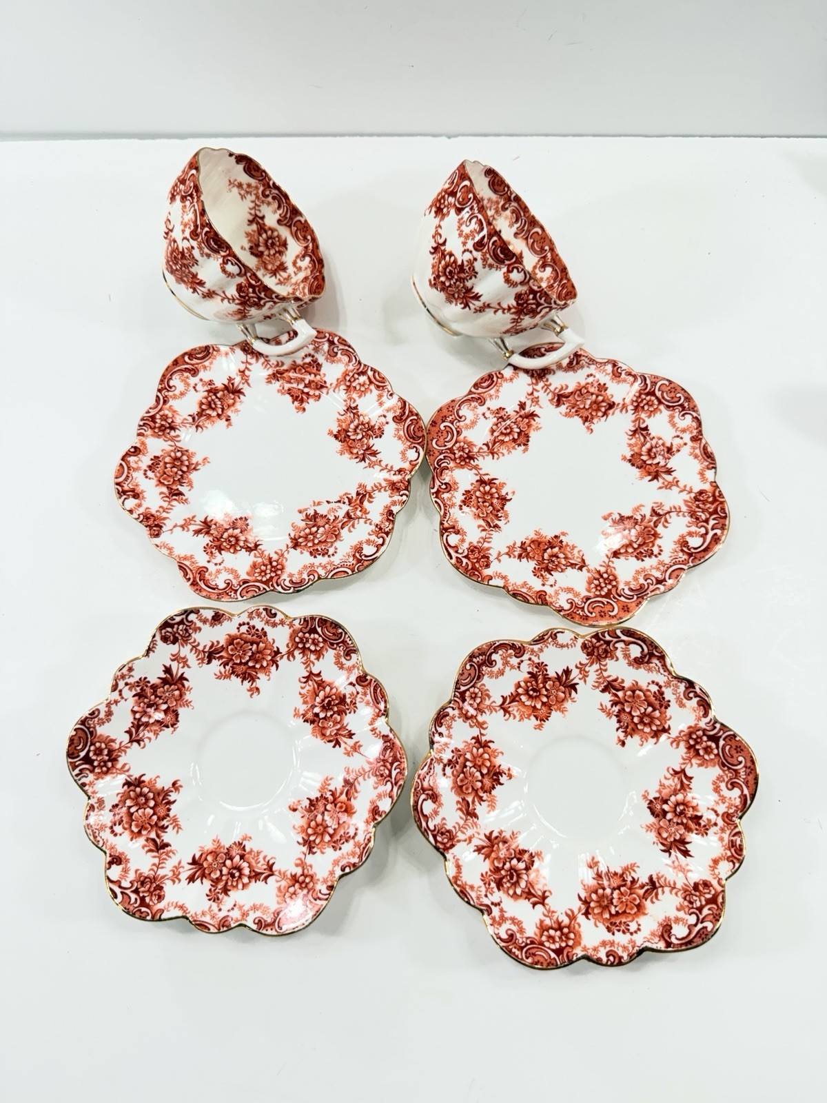 2x Rare Paragon China Trios Antique 1920s Iron Red Gold Floral Tea Cup Sets 689