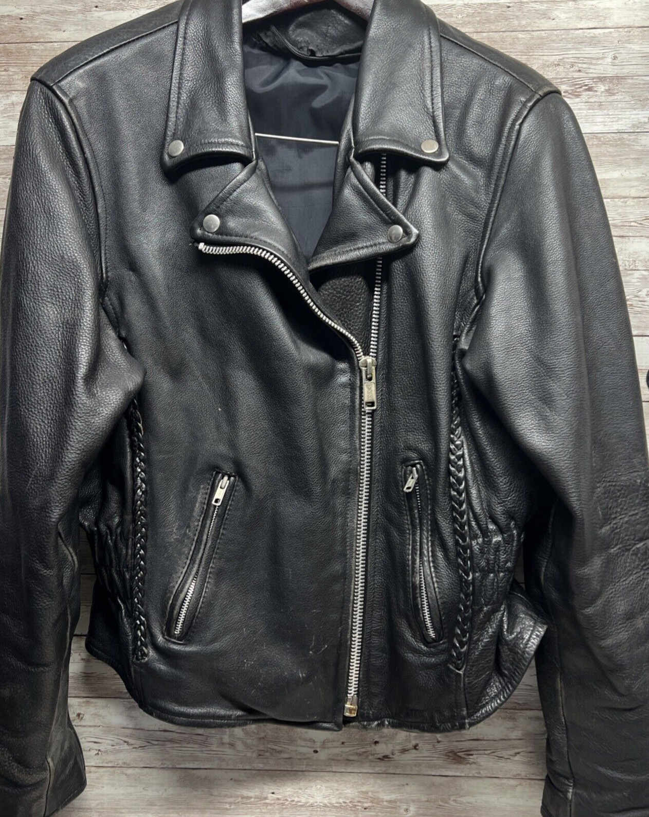 Harley Davidson 1980s Women Vintage Leather Jacket Braided Gathered Waist