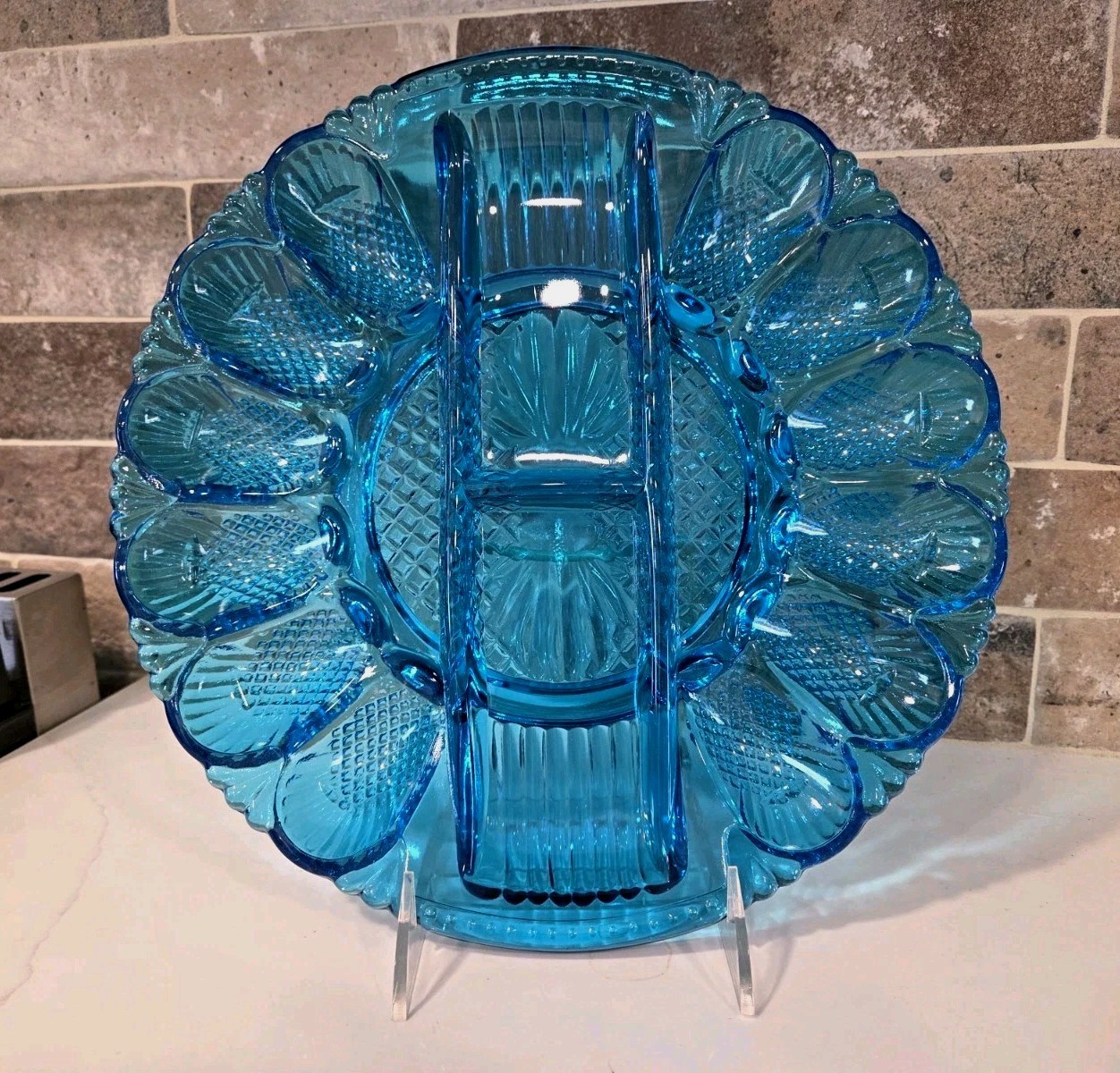 Vintage L.E. Smith Glass Heritage Deviled Egg &Relish Platter Cerulean Aqua Blue Vintage L.E. Smith Glass Heritage Deviled Egg &Relish Platter Cerulean Aqua Blue