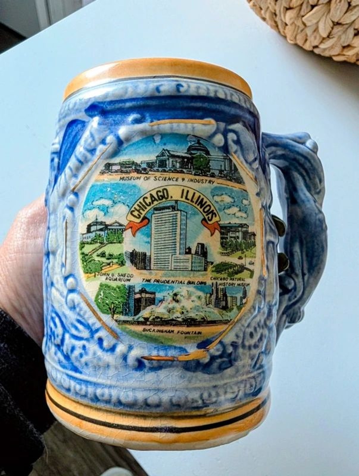 1970's Vintage Chicago Illinois Souvenir Beer Stein Relief Ceramic Blue Japan 1970's Vintage Chicago Illinois Souvenir Beer Stein Relief Ceramic Blue Japan