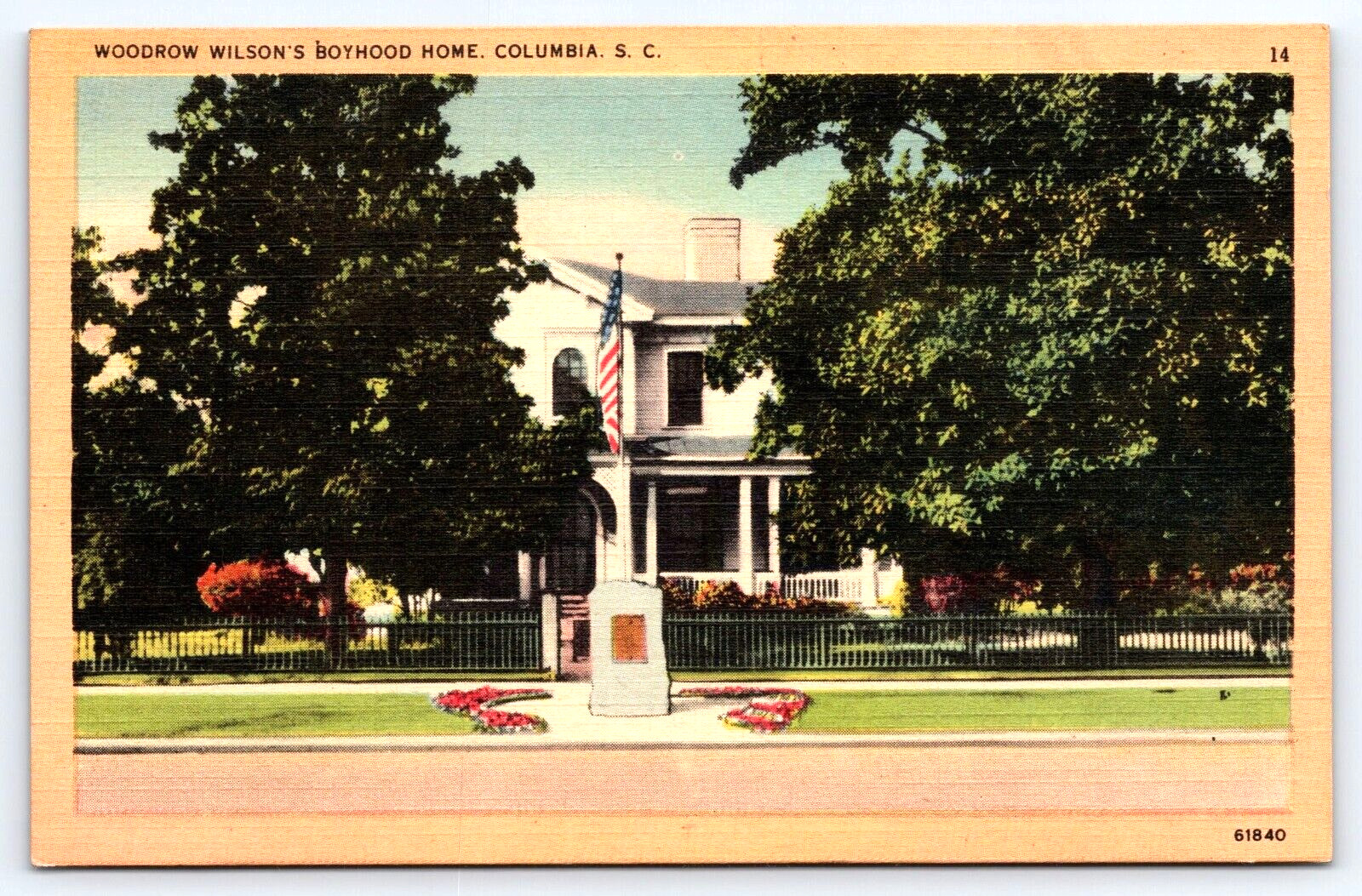 VINTAGE OLD OUTDOOR ANTIQUE POSTCARD WOODROW WILSON HOME HOUSE FLAG FLOWER USA