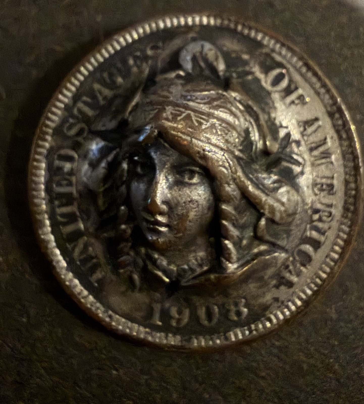 vintage 3D pop-out repoussé coin art piece Punch Out 1908 Indian Head Penny