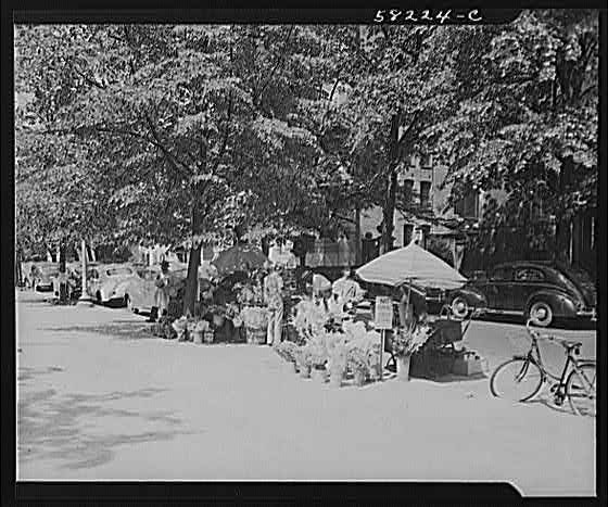 Photo:Street Market with Umbrella Bicycle and Cars 1900s