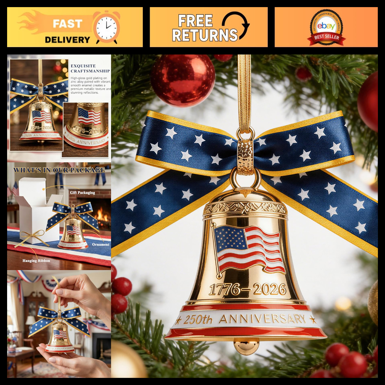 250 Anniversary USA Ornament for Fourth of July Decorations, 3D Metal 1776-2026