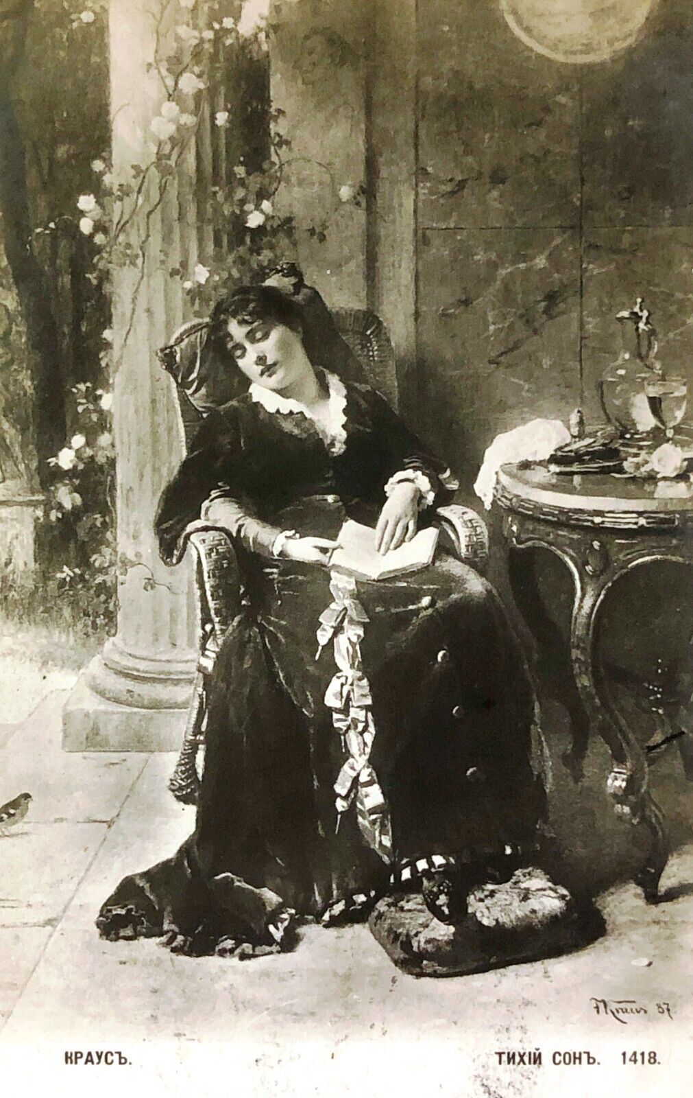 1900s Sleeping Beautiful Girl Silent Dream Romantic card B&W ANTIQUE POSTCARD