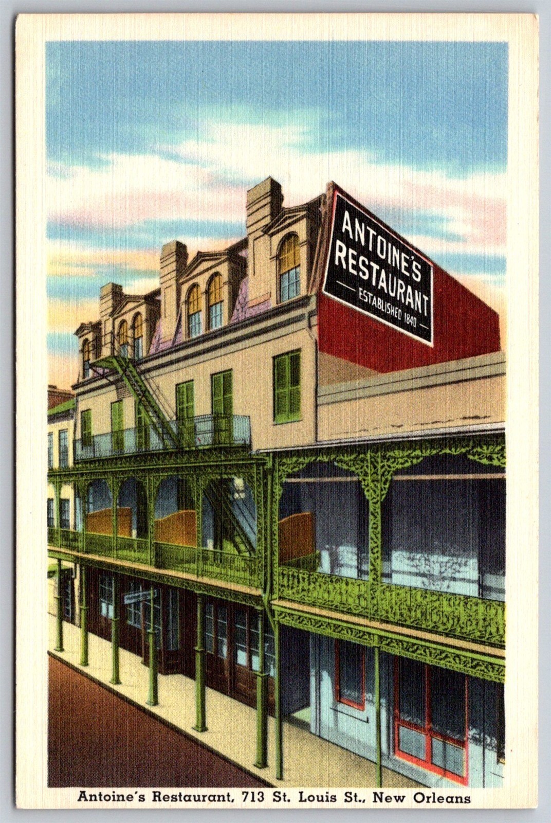 New Orleans LA Linen Postcard Antoines Restaurant Balconette Lace Work New Orleans LA Linen Postcard Antoines Restaurant Balconette Lace Work