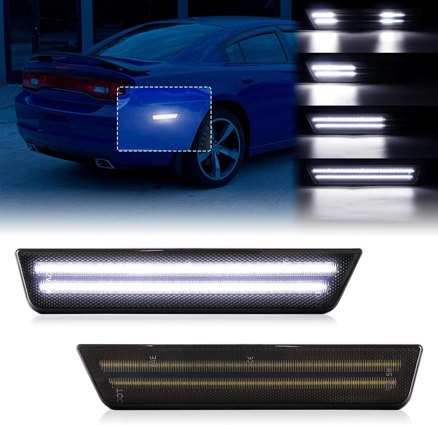 2011-14 Dodge Charger/Challenger LED Rear Bumper White Side Marker Lights Smoked