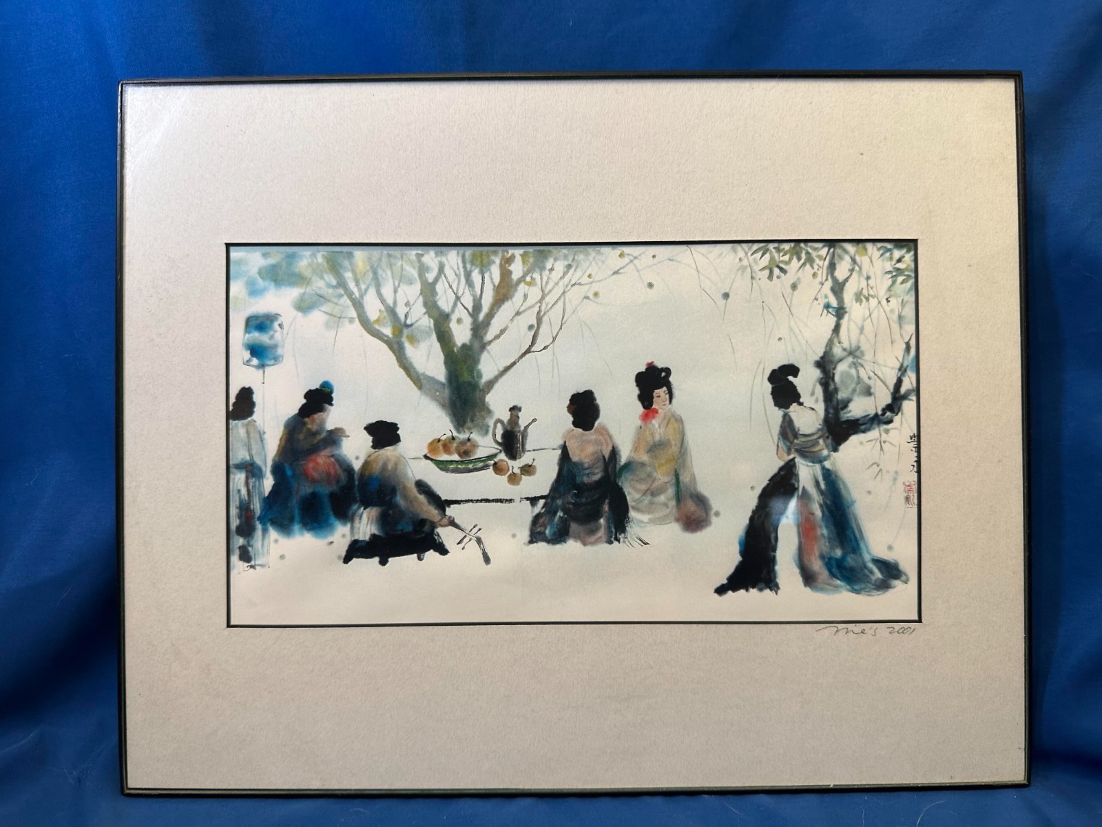 Contemporary Chinese Ink Painting Court Ladies Tea Gathering Signed Nies 2001 Contemporary Chinese Ink Painting Court Ladies Tea Gathering Signed Nies 2001