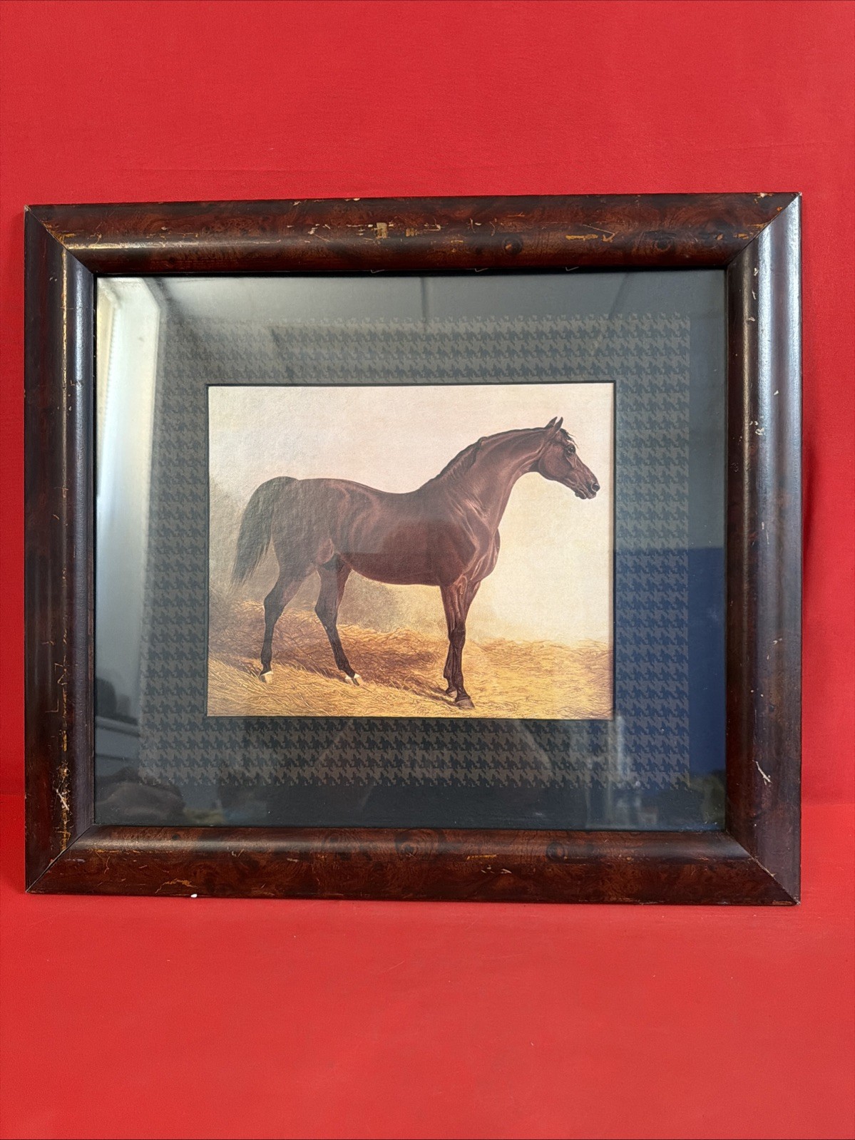 Vintage Framed Bay Horse Print Equestrian Wall Art 20.5x18.5” Rustic Decor