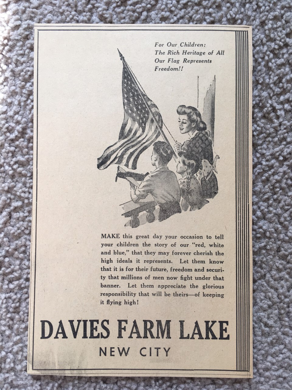 Vintage 1945 WW2 V-E Newspaper Advertising Print Ad New City NY Davies Farm Lake