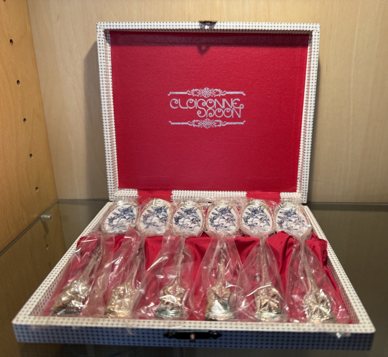 Vintage Crown Brite Japan Cloisonné Style Porcelain Iris Spoon Set 6 Boxed