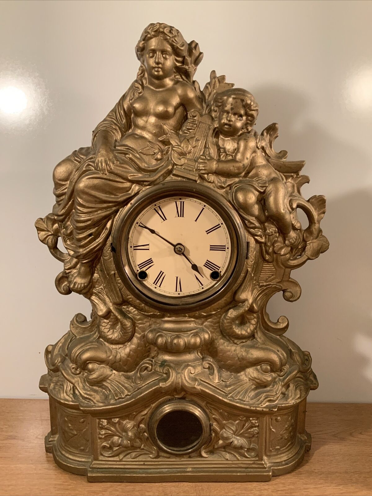 Vintage Antique Large 19” Cast Iron Figural Front Wind Up Clock