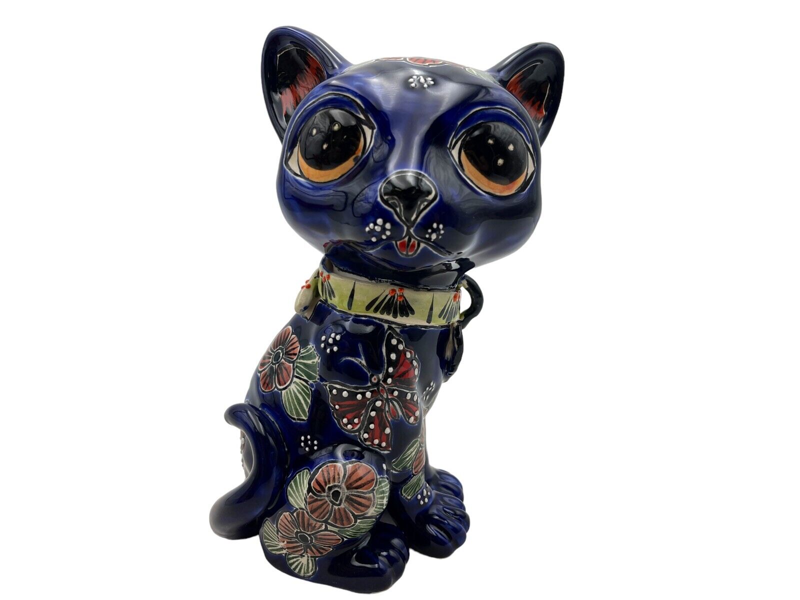 Talavera Big Eye Cat Cute Mexican Pottery Home Decor Folk Art Hand Painted 9\