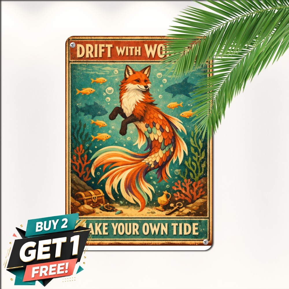 Purrmaid Cat Mermaid Artwork Poster Retro Ocean Beach Decor Metal Sign 8x12