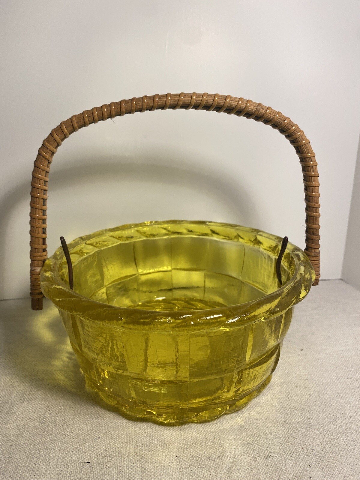 RARE Yellow Glass Basket w/Bamboo Wicker Handle Vtg Glass??? Easter