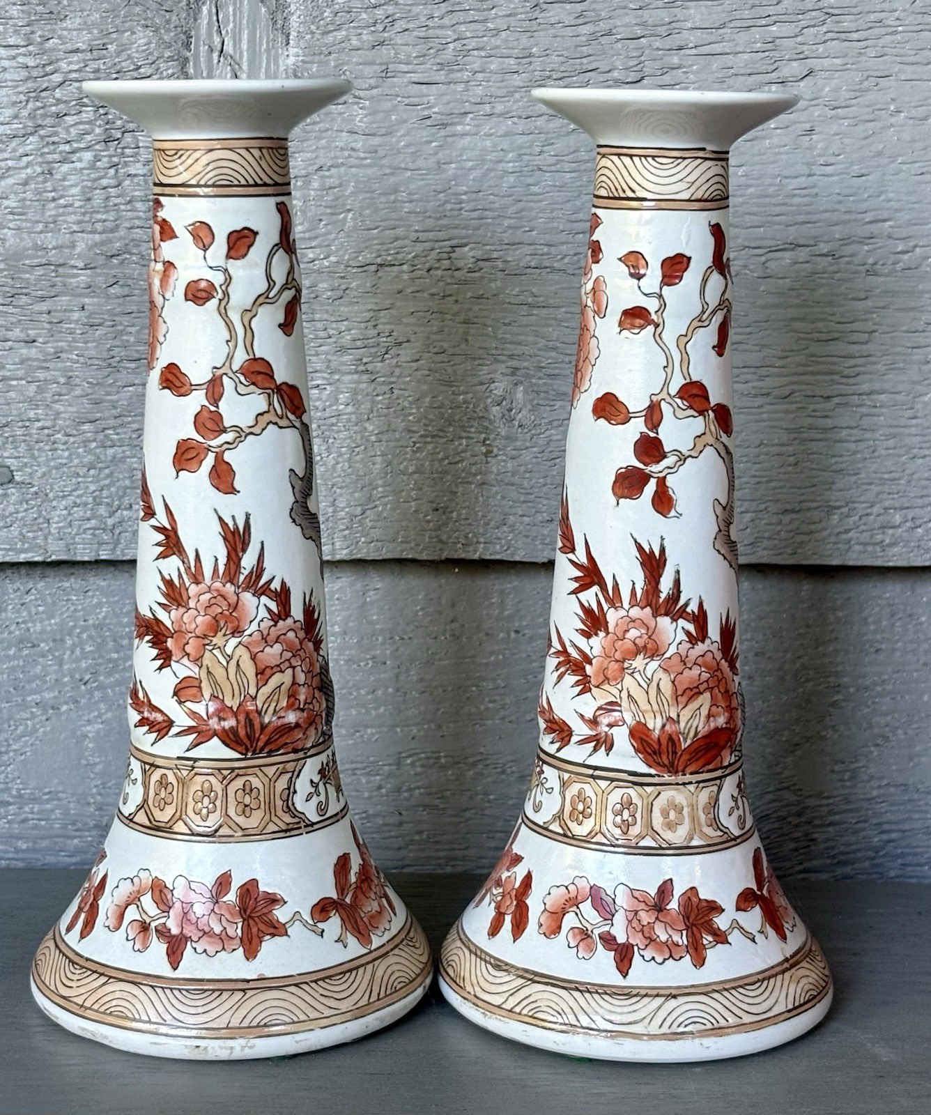 Vintage Pair of Chinese Export Porcelain Candlesticks, Iron-Red Floral Design