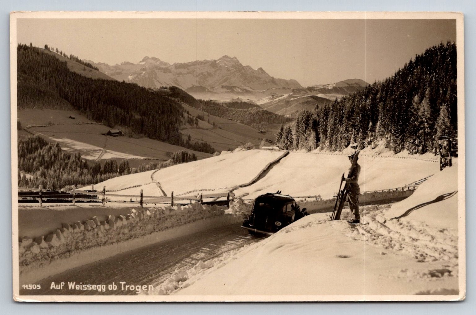 1938 RPPC Weissegg ob Trogen Switzerland Skier Car Winter Mountain Alps