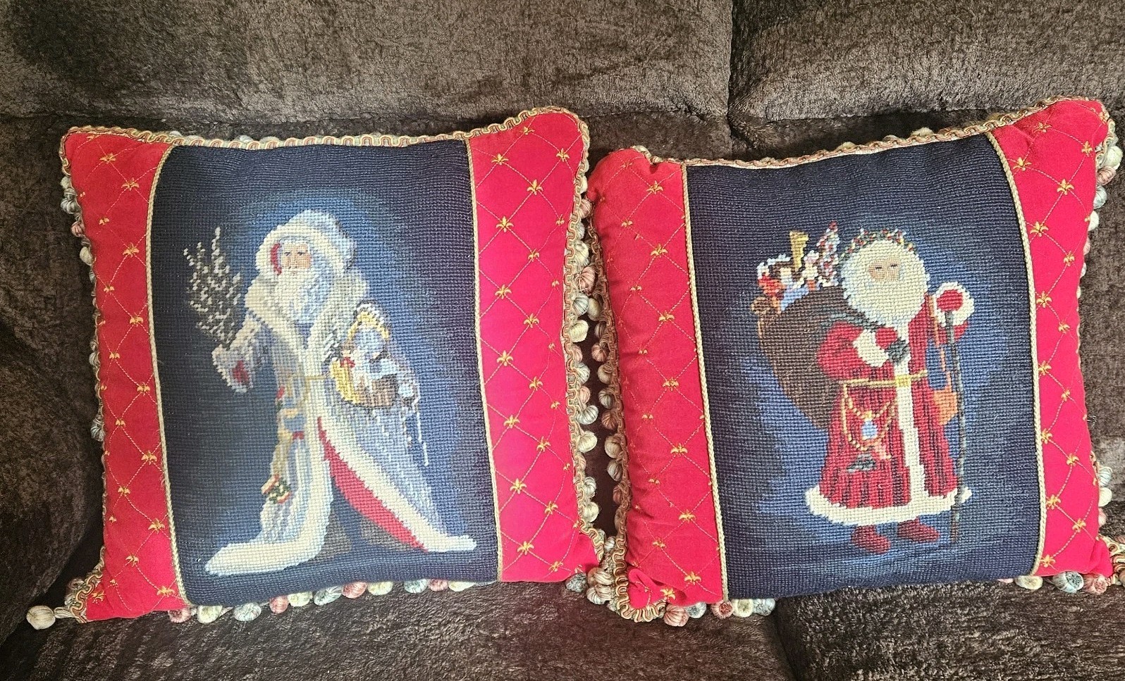2  Needlepoint Christmas Pillows Santa Claus Red BlueGold Fleurs Tassels Vtge