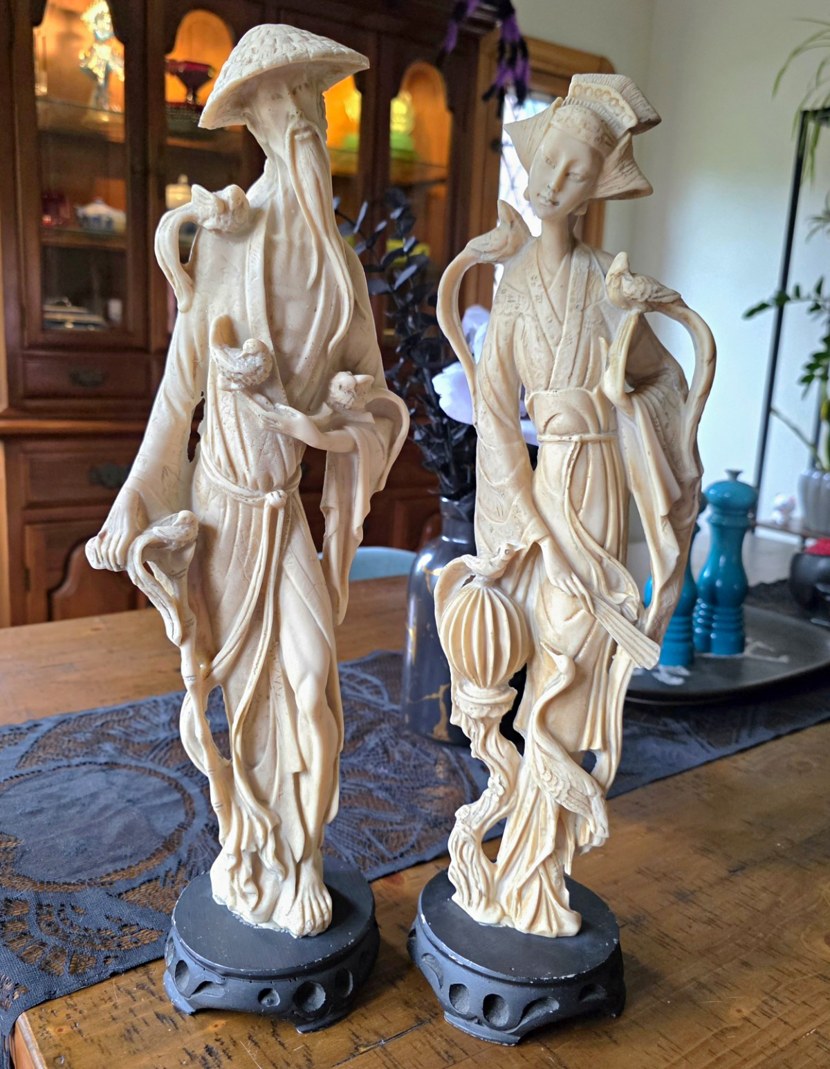 Vintage 19” Asian Resin Figurines Pair Chinese Scholar Wise Man & Lady Statues