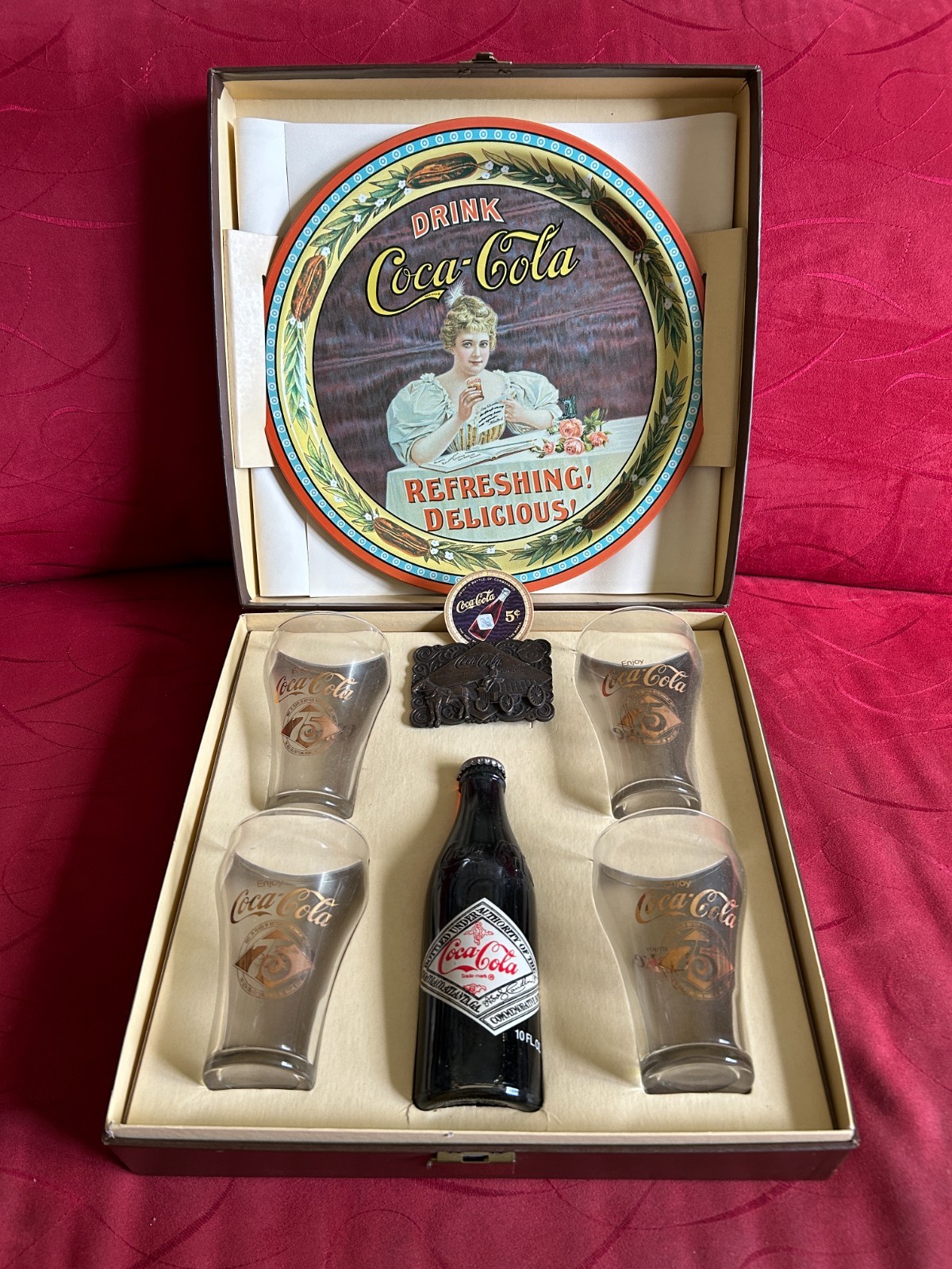 1977 Coca-Cola Dallas Texas 75 Years Boxed Tray Bottle 4 Glasses Belt Buckle +