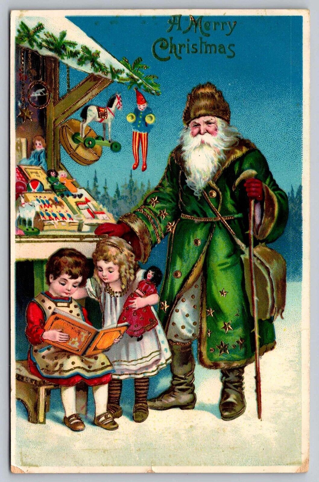 Postcard Green Robe Santa Father Christmas Children Reading Toy Stall