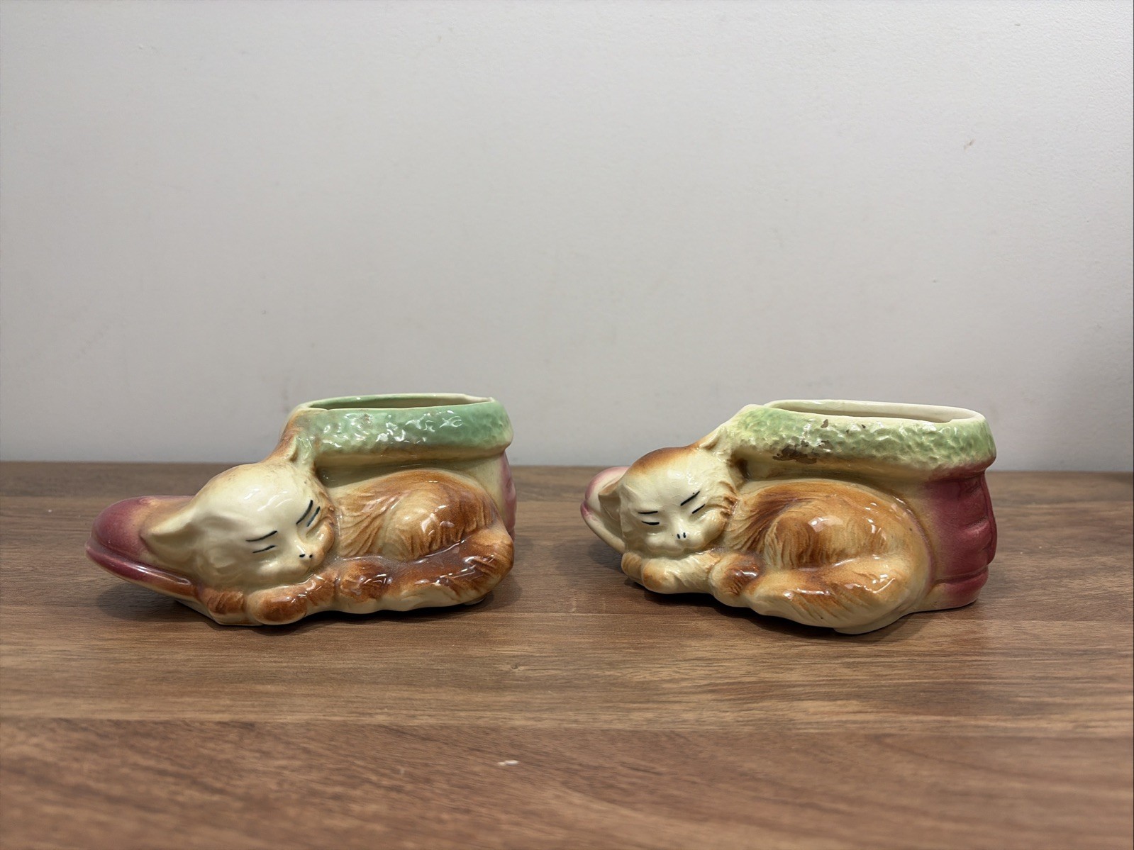 Vintage Planter Cat Kitten Sleeping by Shoe Ceramic Set Of 2 Vintage 