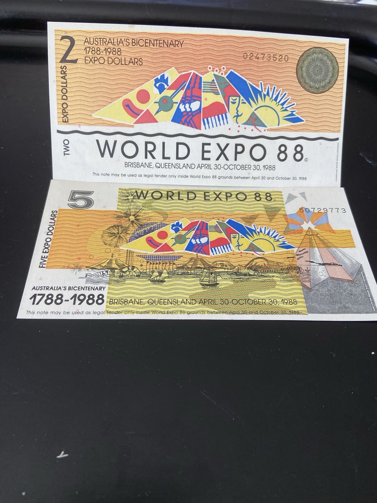 World Expo 88; Brisbane, Queensland, Australia; $2 & $5 Expo Dollars; Mint XF World Expo 88; Brisbane, Queensland, Australia; $2 & $5 Expo Dollars; Mint XF
