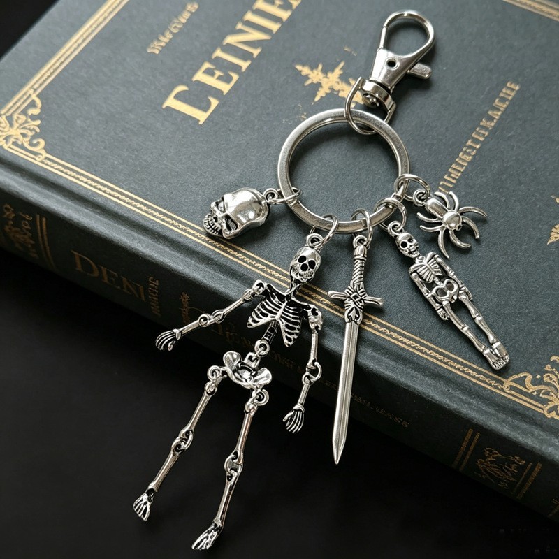 Antiqued Silver Halloween Skeleton Key Chain Bag Charms Gothic