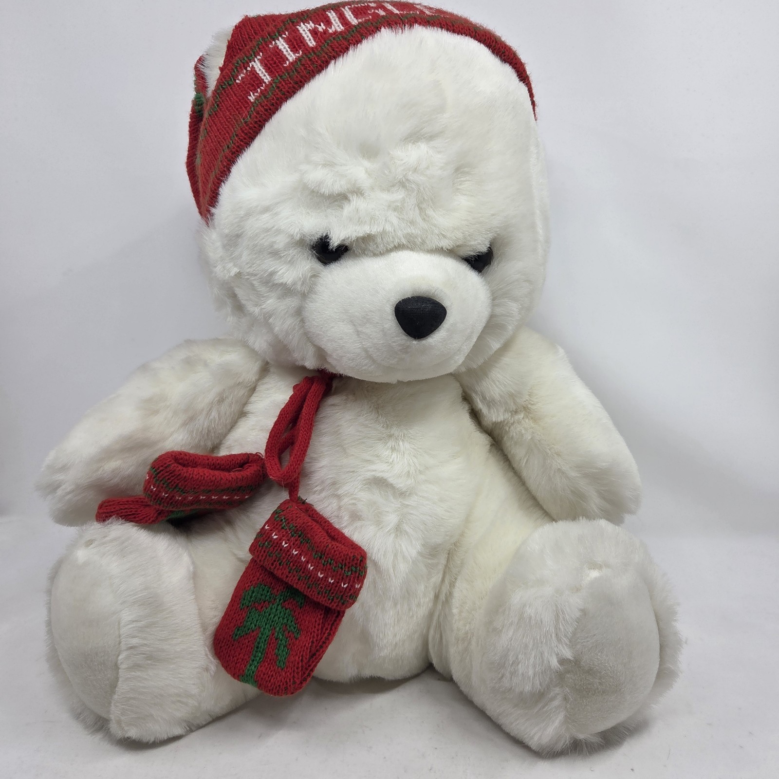 VINTAGE Jingle Bear Christmas Plush White Teddy 16” Hat & Mittens 1980\'s