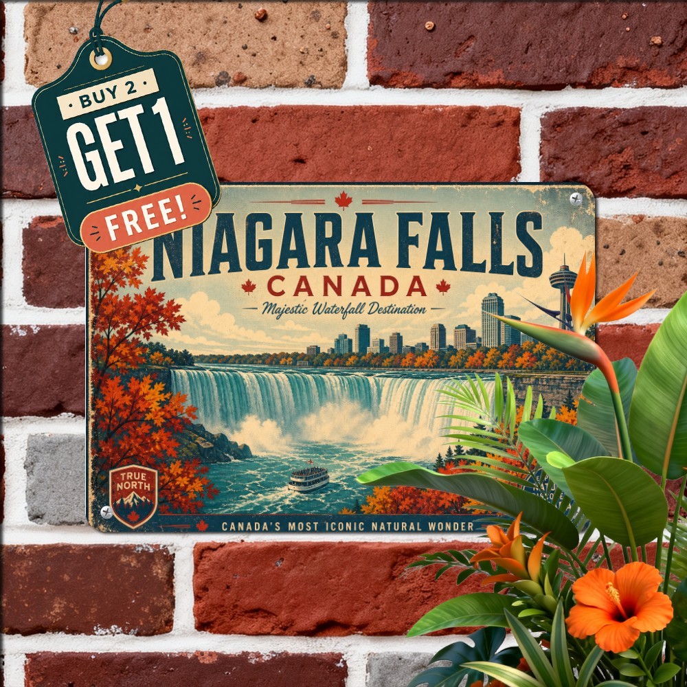 Scenic Waterfall Travel Poster Metal Sign Vintage Canadian Nature Tin Plaque