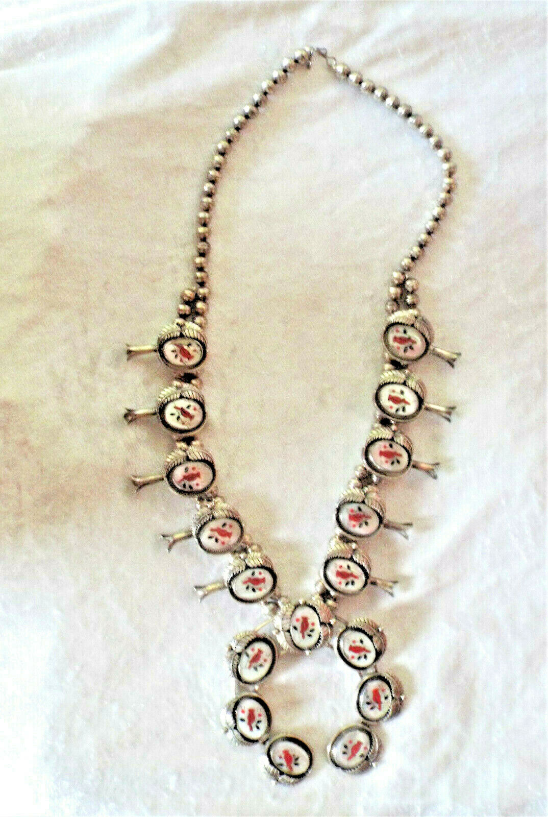 Multi-Stone Inlay Long Squash Blossom with Cardinals Silver Necklace