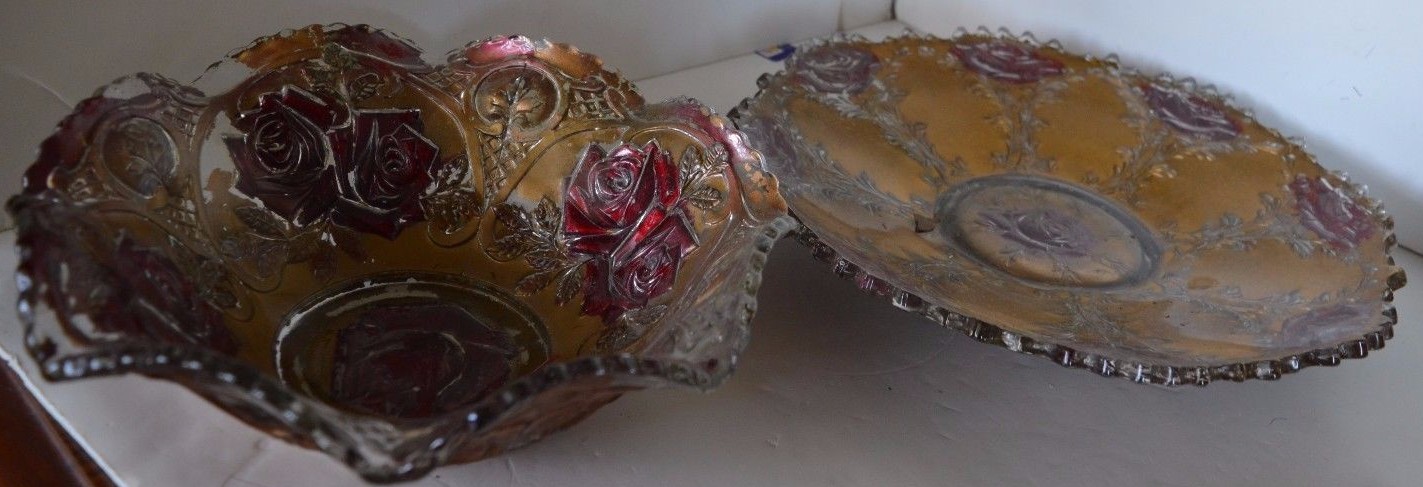 Vintage Goofus Glass Gold Tone Rose Flower Bowl 